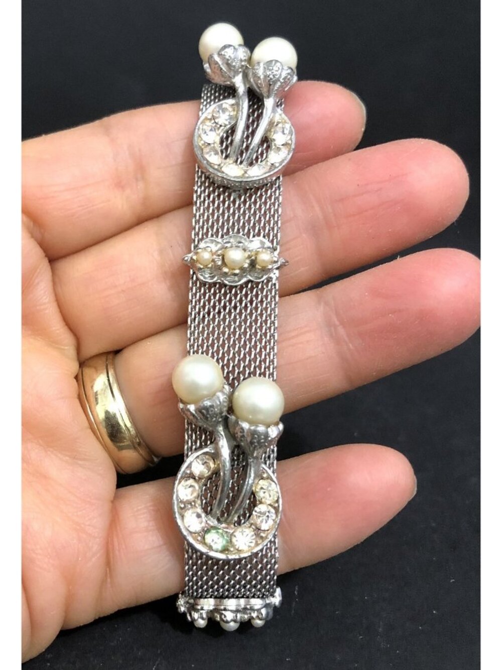 Vintage Mesh Pearl Rhinestone Bracelet Silver Toned